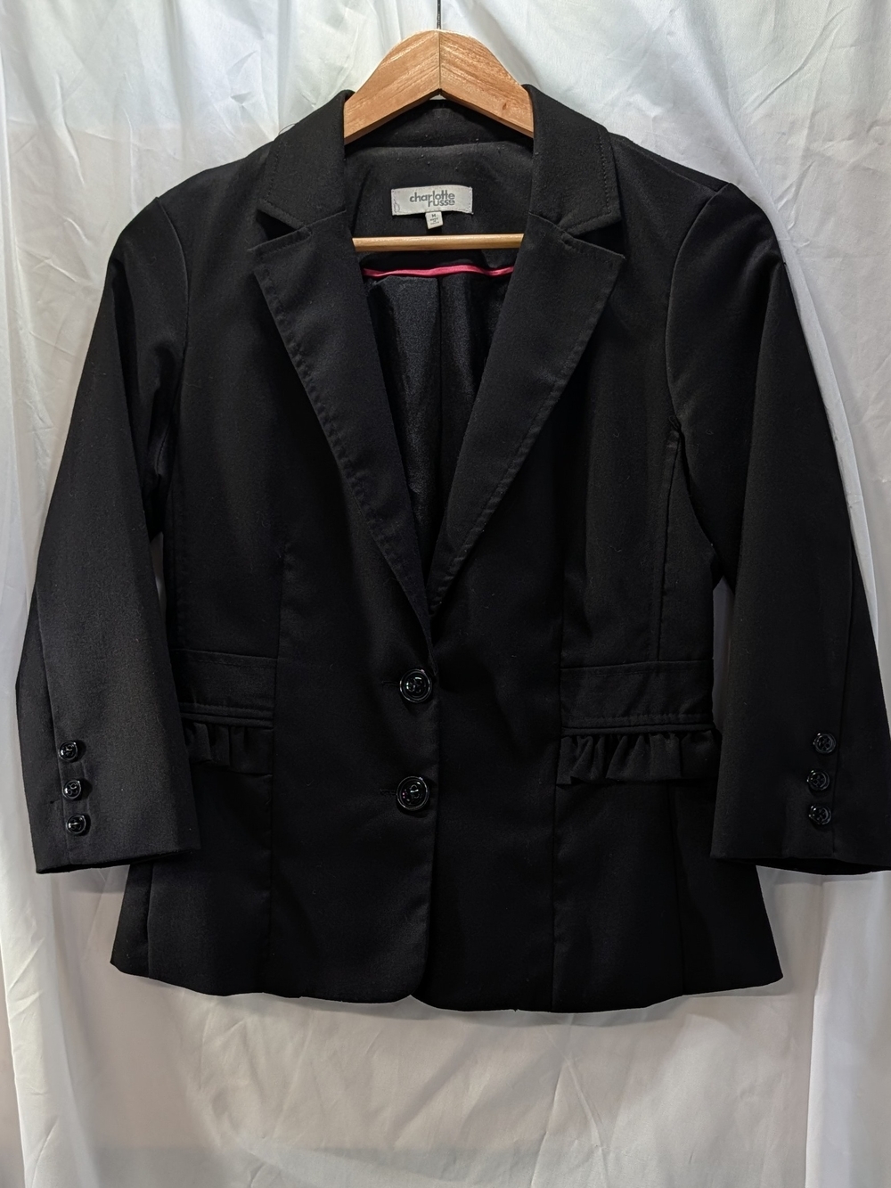 Charlotte Russe Black Women's Ruffled Trim Lined Tailored Blazer Size Med